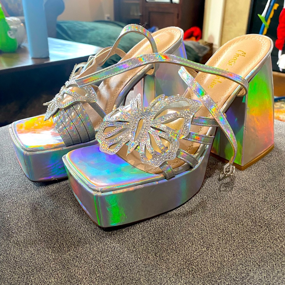Chase + Chloe Holographic Butterfly Chunky Heels